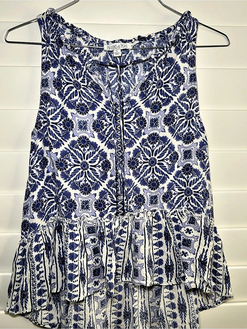 Patrons of Peace Floral Ruffle Tank Top Blue & White Small